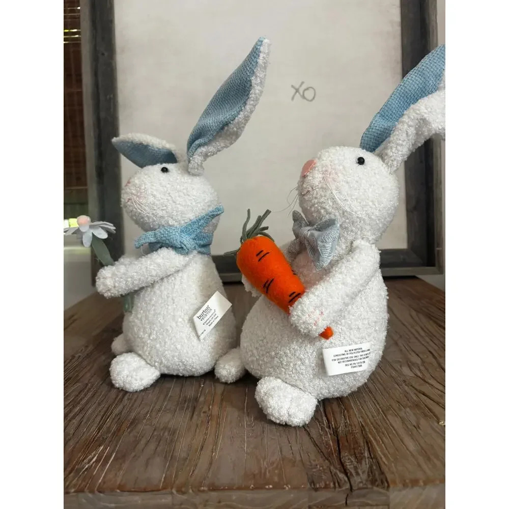 Burton + Burton Easter Bunny Decor Set Plush White Rabbits Carrot & Daisy 11